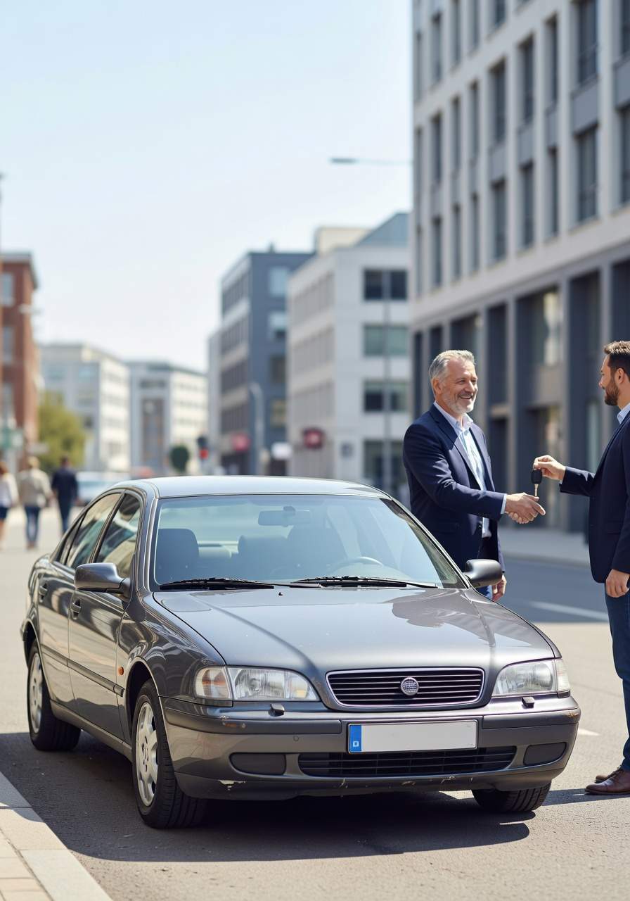 Team in Fröndenberg, ein erfahrener Fahrzeugexperte aus Fröndenberg nimmt das Fahrzeug eines zufriedenen Kunden ab. Seitlich steht der Wagen neben beiden.